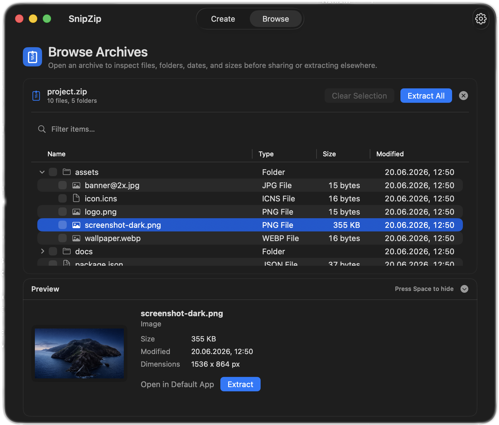 SnipZip archive browser with a preview drawer open