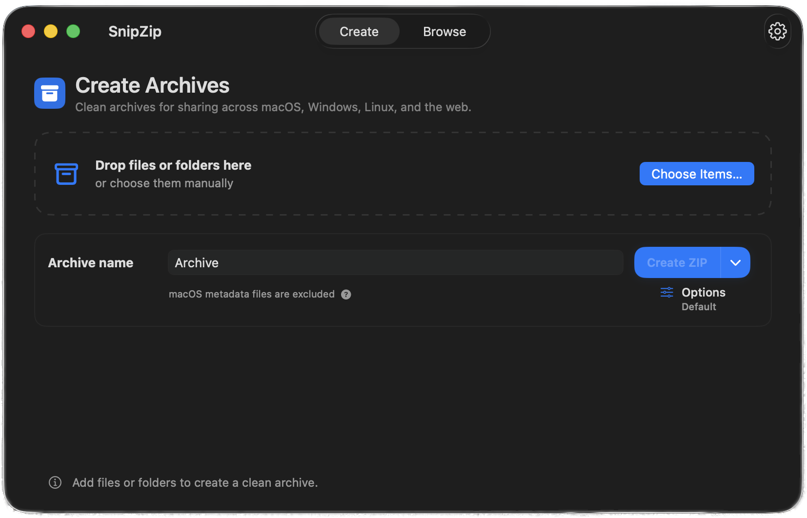 SnipZip create archives screen