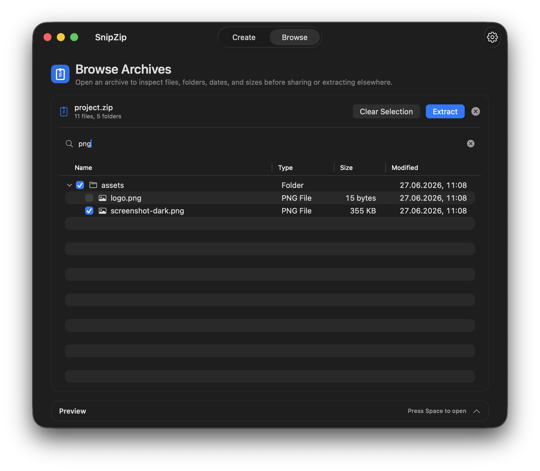 SnipZip filtering archive items for selective extraction