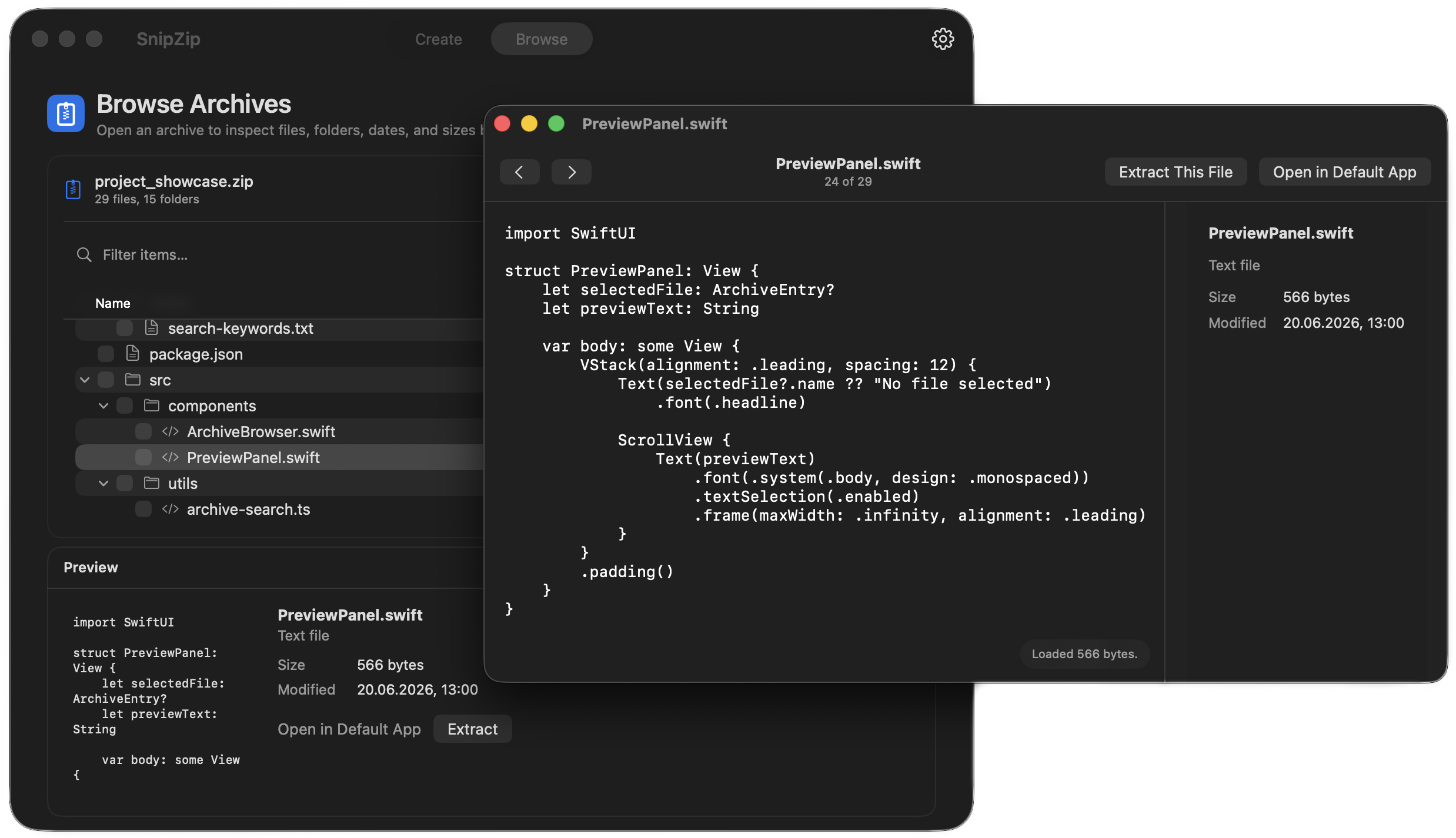 SnipZip preview window showing an archive item