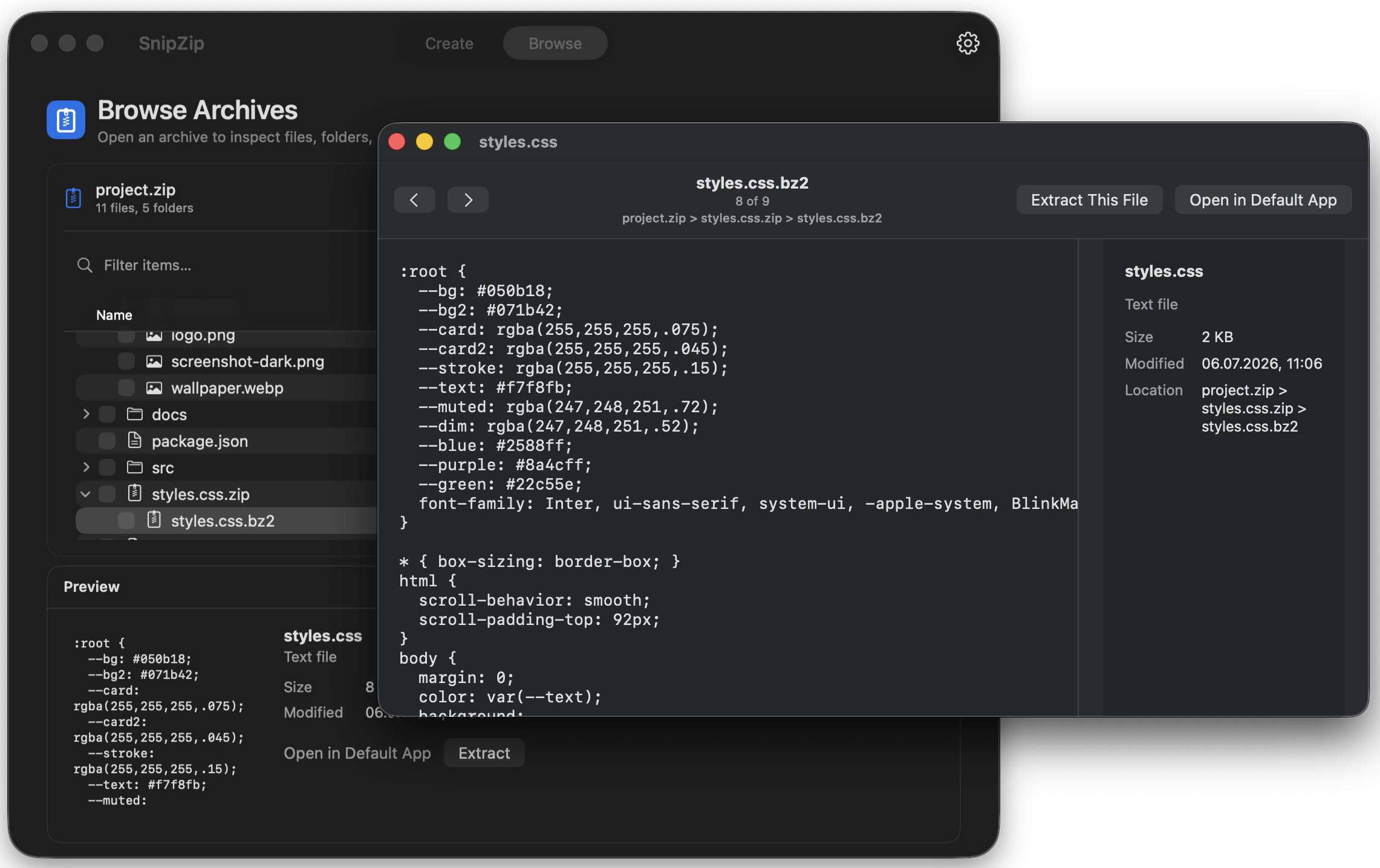 SnipZip preview window showing an archive item