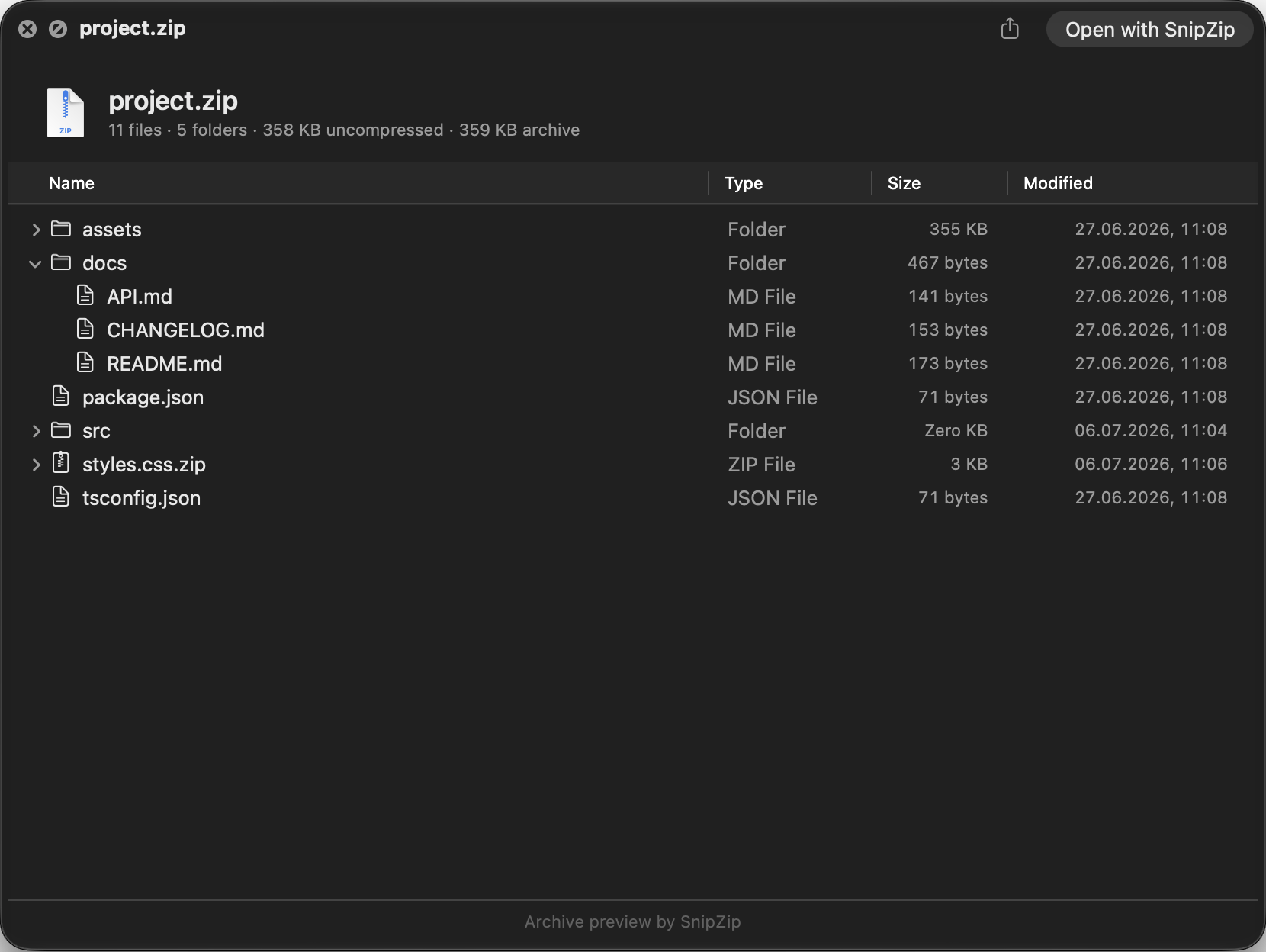 Finder Quick Look preview showing the files and folders inside a ZIP archive