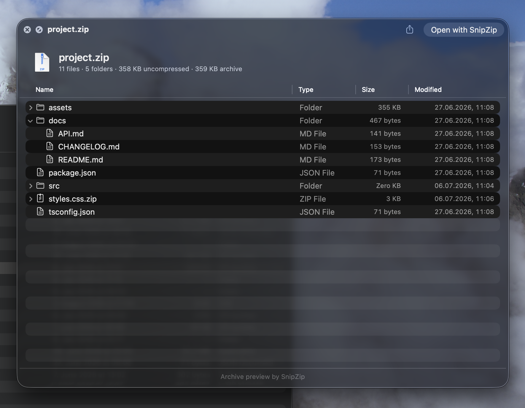 Finder Quick Look preview showing the files and folders inside a ZIP archive