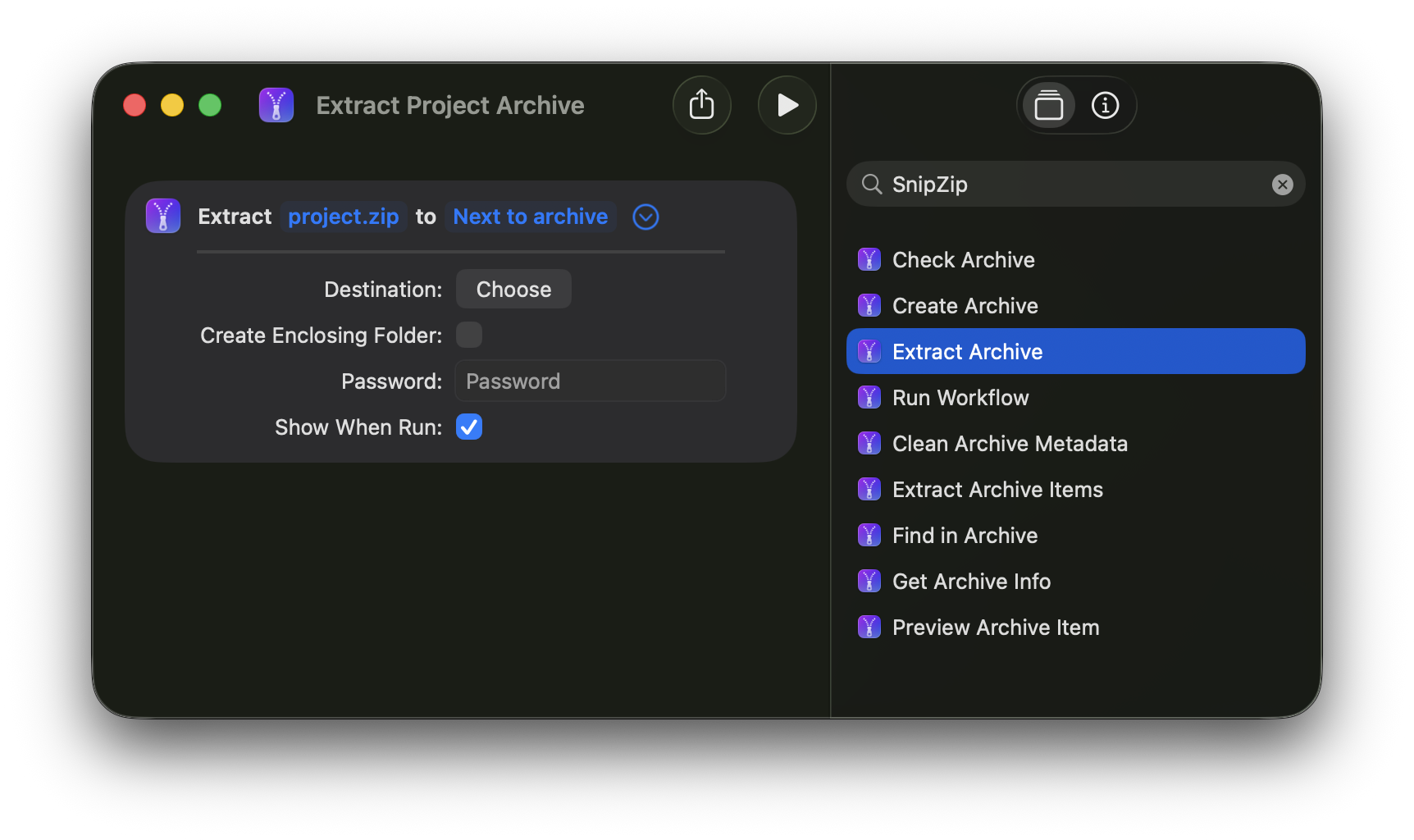 Apple Shortcuts showing SnipZip archive actions and an Extract Project Archive shortcut