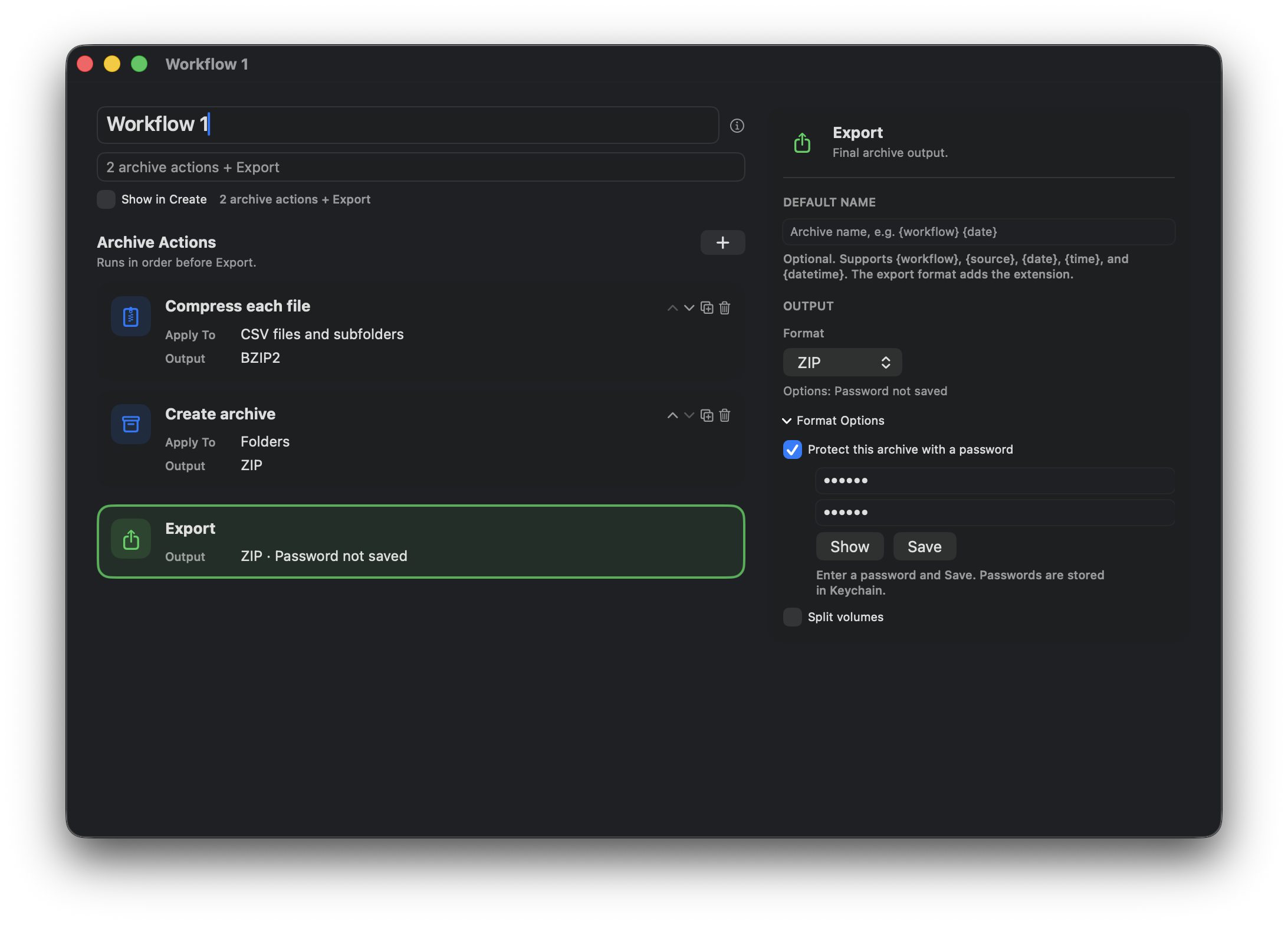 SnipZip Workflow Builder showing archive actions and export options